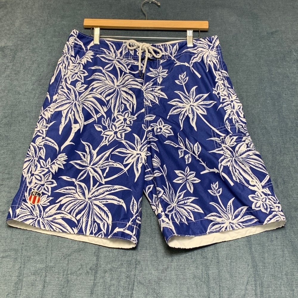 Polo Ralph Lauren Swim Trunks Shorts Mens M Blue Tropical Palm Print Mesh Lined